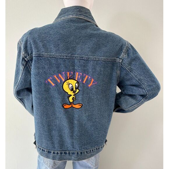 Vintage Y2k Looney Tunes Tweety Bird Jean Jacket Blue Denim size Large - Picture 1 of 13